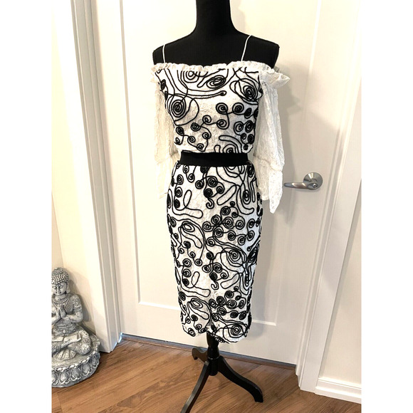 Women's Skirt Set M sentry lace black swirl design 3/4 sleeves off shoulders - Picture 1 of 15